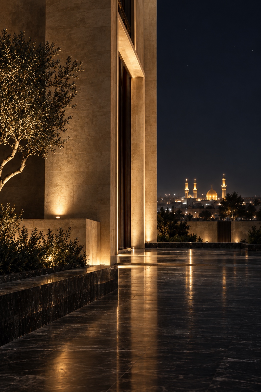 تصور معماري لواجهة حجرية مضاءة ليلاً