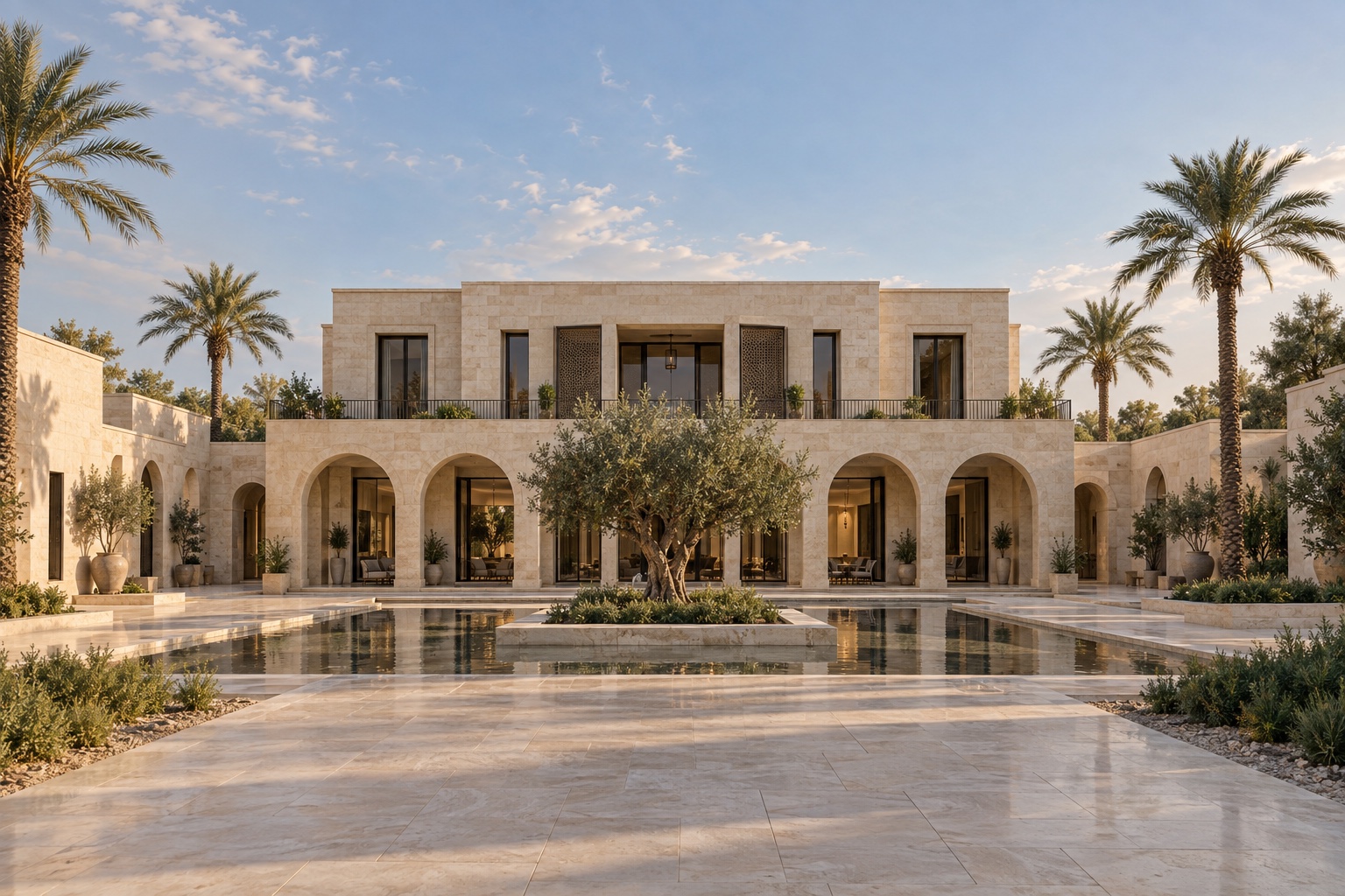 تصور معماري كامل لمبنى حجري مع فناء ونخيل وشجرة زيتون